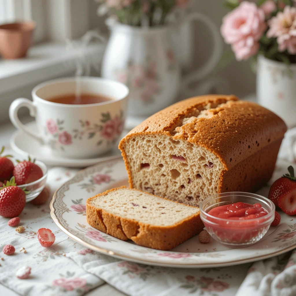 Strawberry bread loaf on a patterned ceramic platter with a cup of herbal tea and a bowl of strawberry puree on a pastel kitchen table.