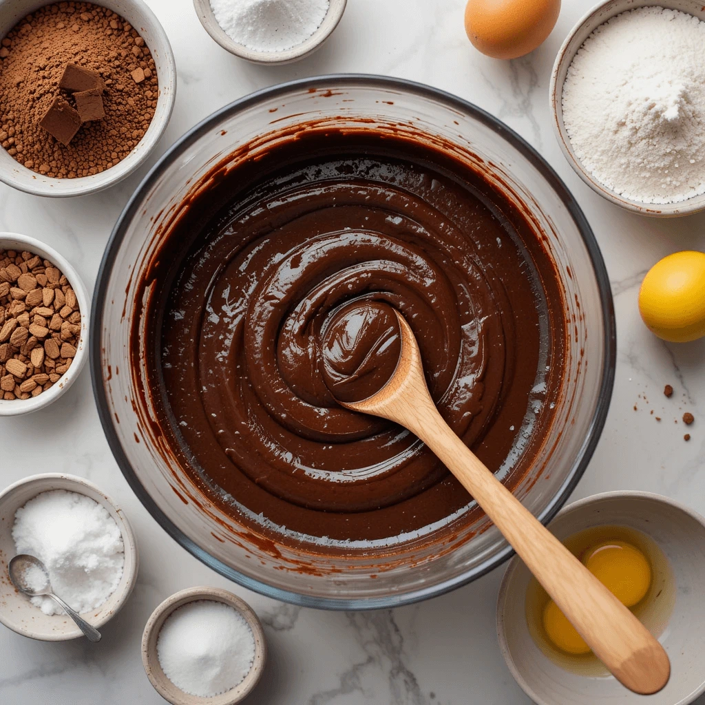 A top-down view of a mixing bowl filled with glossy brownie batter being stirred with a wooden spoon.
