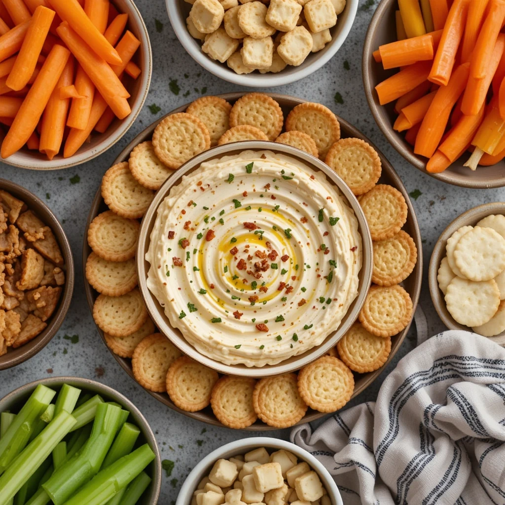 Flat lay of appetizer spread: Tennessee onion dip in the center, surrounded by bowls of crackers, fresh veggie sticks (carrots, celery, bell peppers), and a linen napkin for a cozy, homestyle feel.