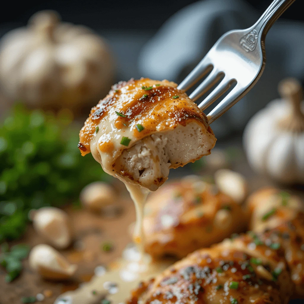 Close-up shot of a fork lifting a piece of grilled chicken bite coated in creamy garlic sauce. The chicken is golden brown with sear marks, and the sauce is thick and glossy.