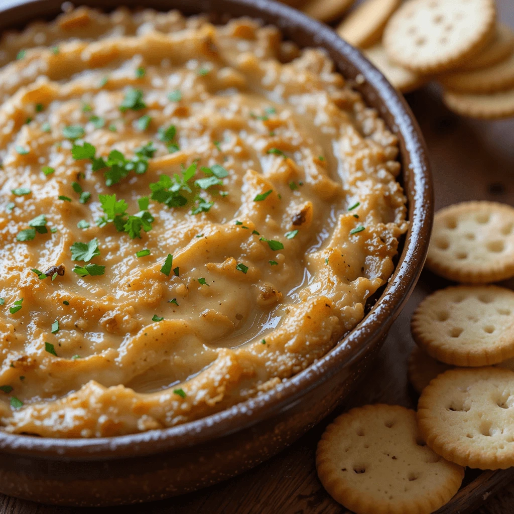 Baked Tennessee Onion Dip with Crackers and Bread on Wooden Table.