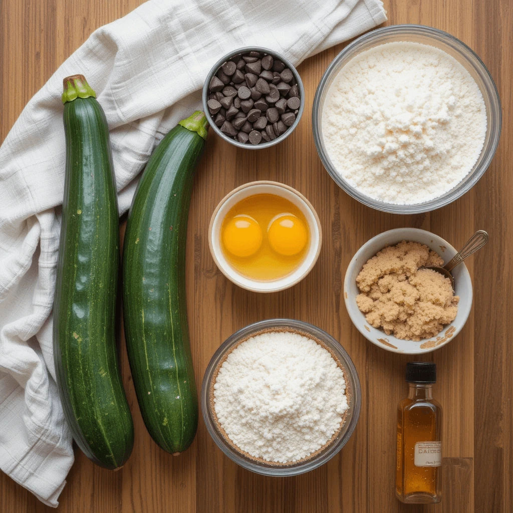 Flat lay of baking ingredients on a warm wooden countertop: vibrant green zucchini, two cracked eggs in a small bowl, a cup of chocolate chips spilling slightly, a small bowl of brown sugar, a measuring cup of flour, and a bottle of vanilla extract.