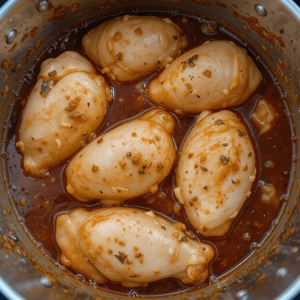 A sizzling pan with boneless chicken pieces cooking in rich, flavorful gravy, showcasing the dish mid-preparation.