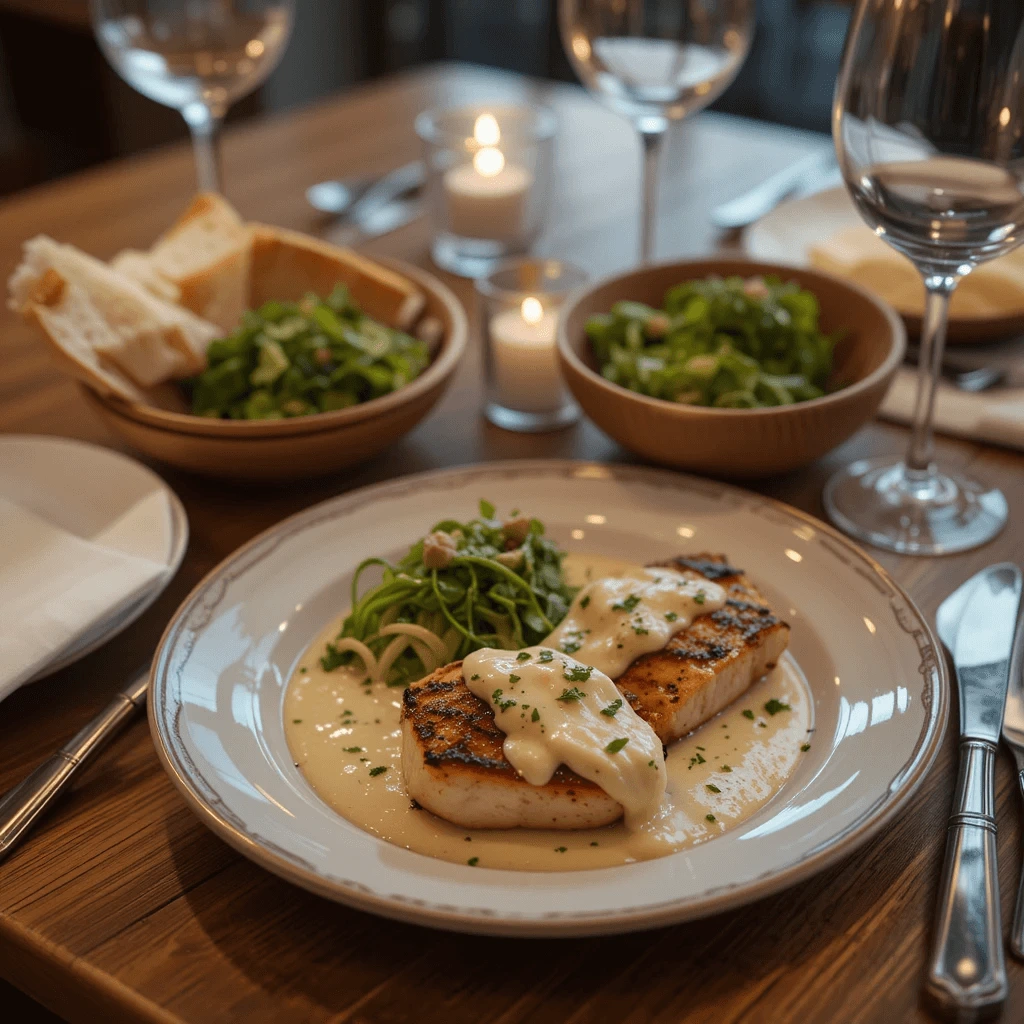 A cozy dinner table setup featuring grilled chicken bites with creamy garlic sauce, a side of pasta, a fresh green salad in a wooden bowl, and slices of crusty sourdough bread.