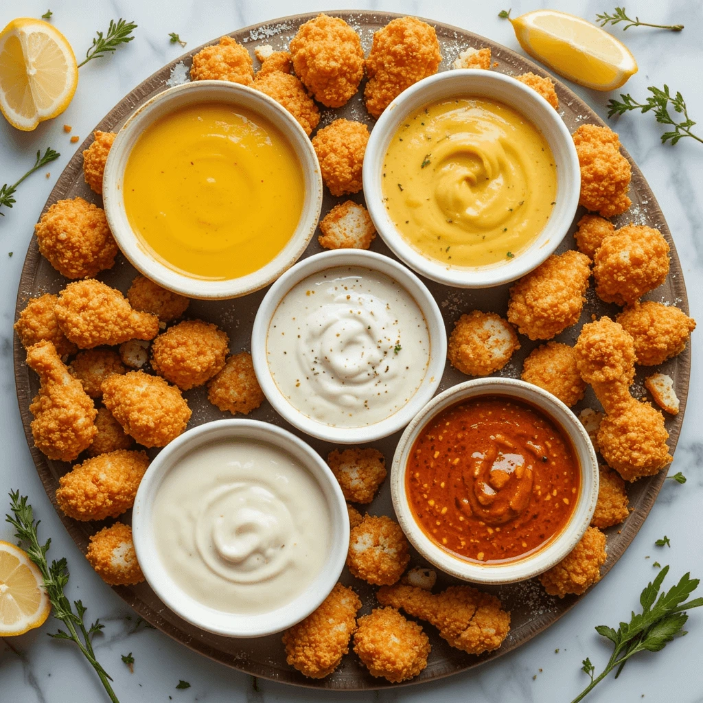 A top-down view of a serving board featuring five small bowls filled with different dipping sauces—spicy mayo, honey mustard, ranch, barbecue, and creamy garlic sauce.