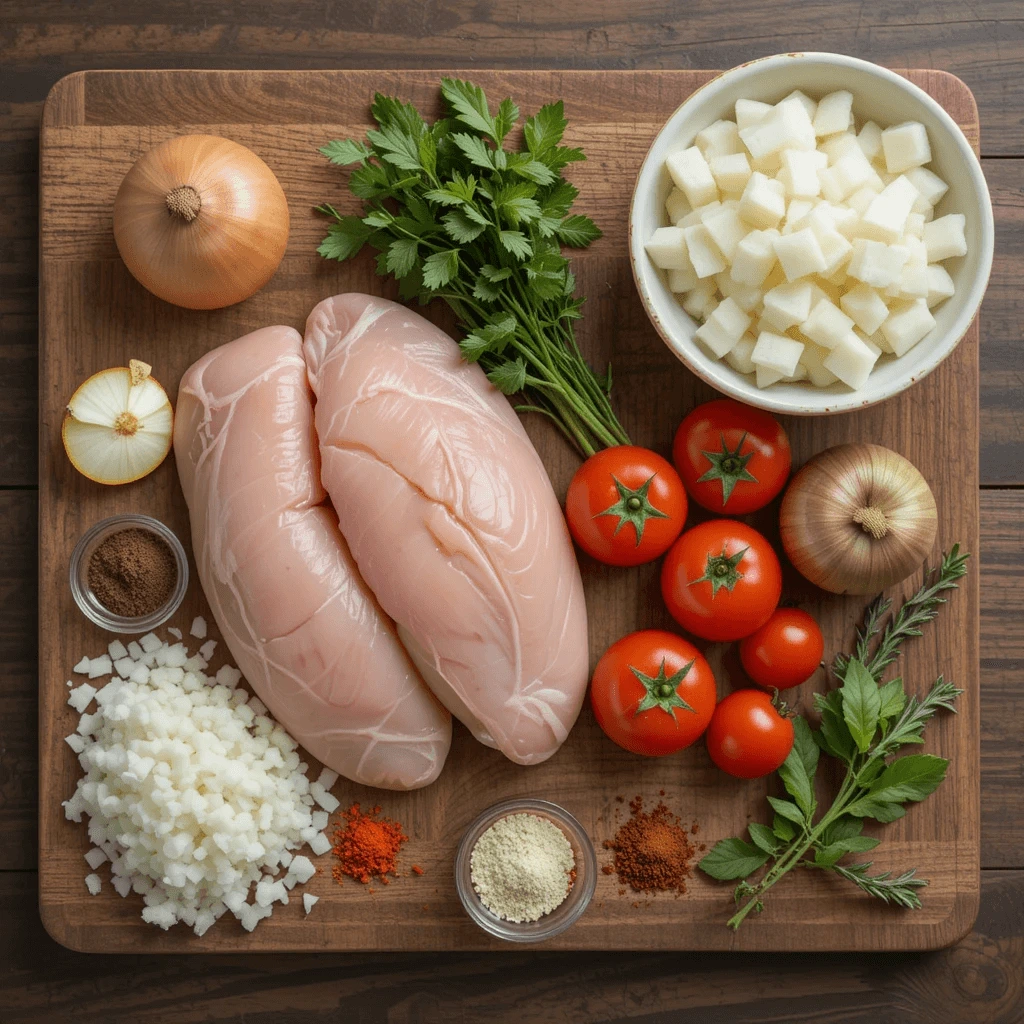 Overhead shot of all fresh ingredients laid out neatly on a wooden board — boneless chicken, onions, tomatoes, spices, and herbs.