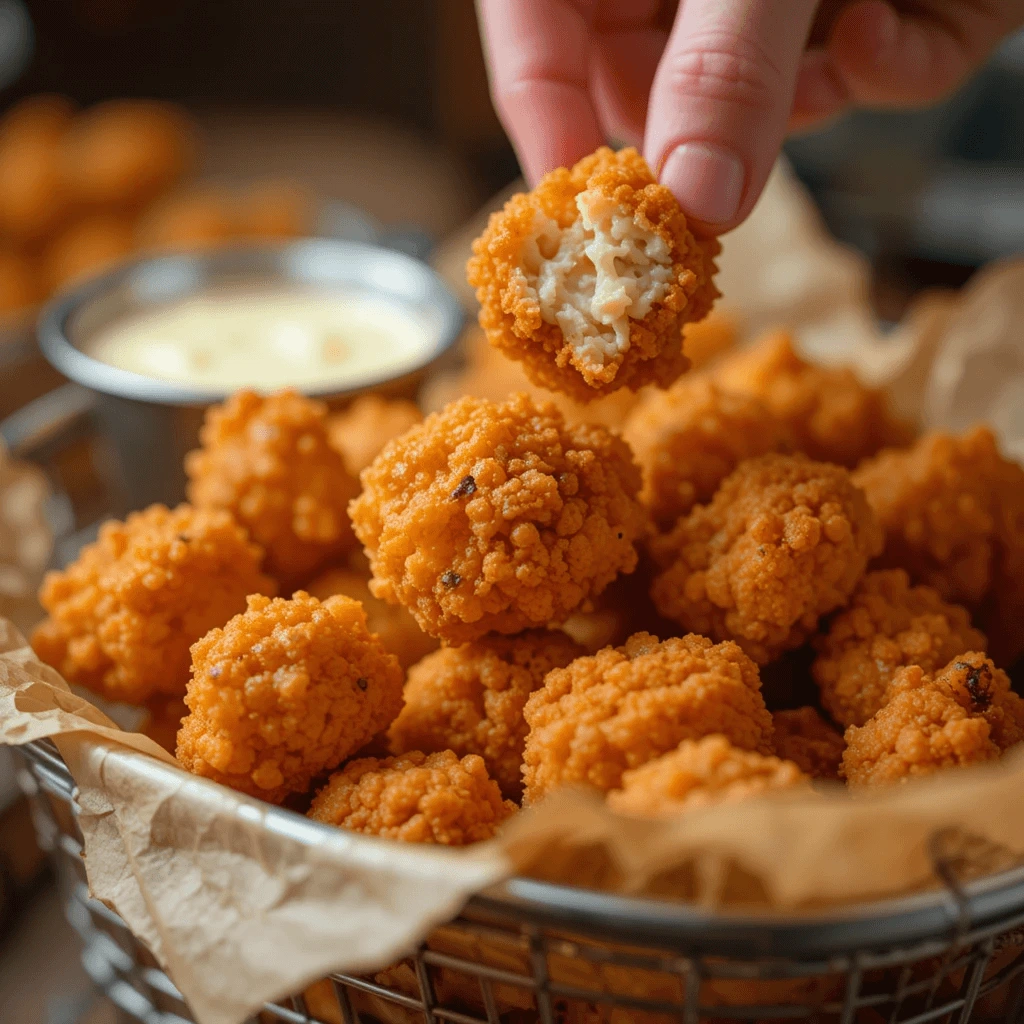 A mouthwatering close-up of freshly fried popcorn chicken in a wire basket lined with crumpled parchment paper.