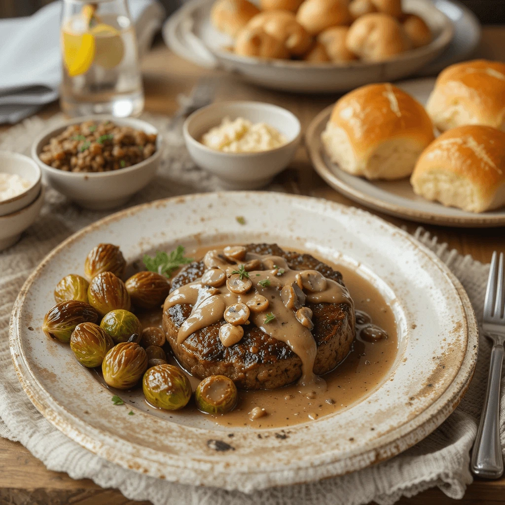 A full dinner table setup showing hamburger steak with mushroom gravy as the centerpiece. Accompanied by roasted Brussels sprouts, a small bowl of mashed potatoes, and dinner rolls.