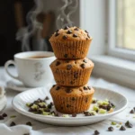 Stack of Chocolate Chip Zucchini Muffins with Coffee.