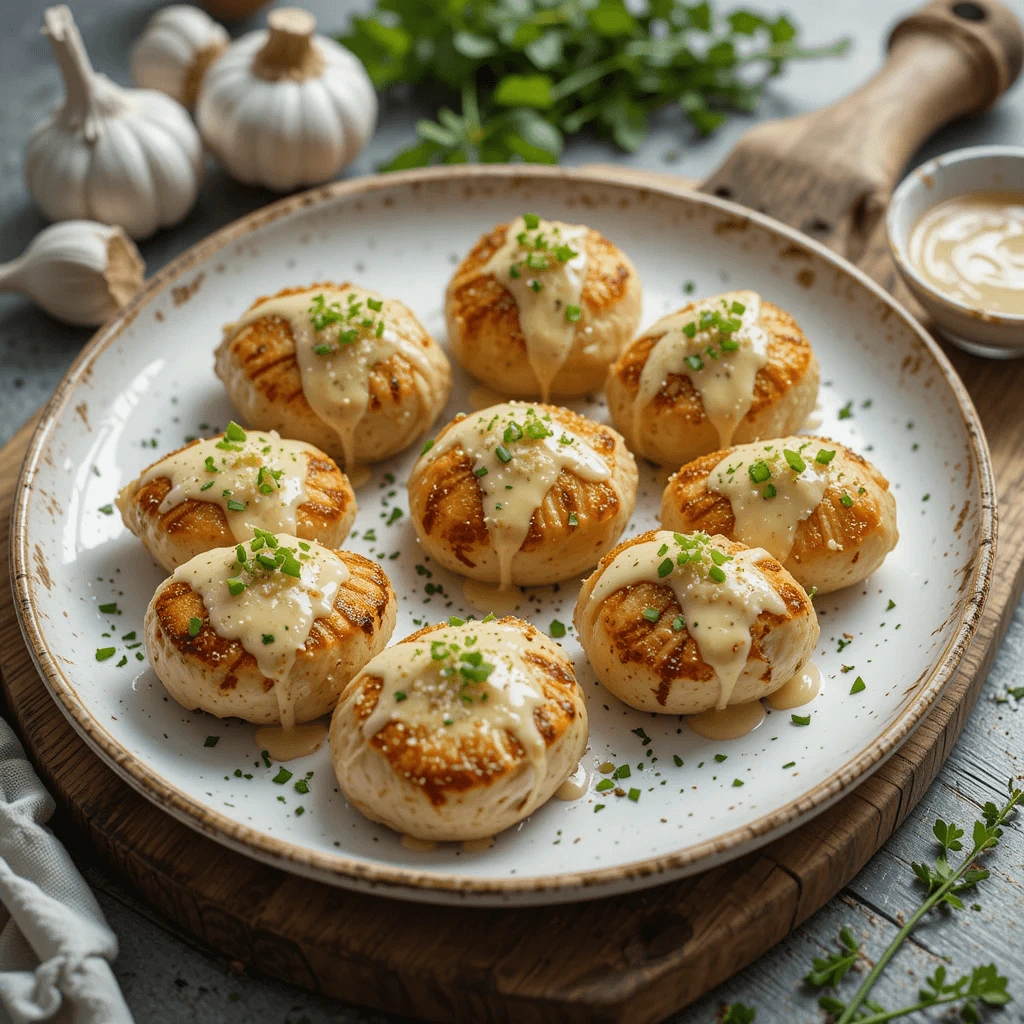 Grilled Chicken Bites with Creamy Garlic Sauce on White Plate.