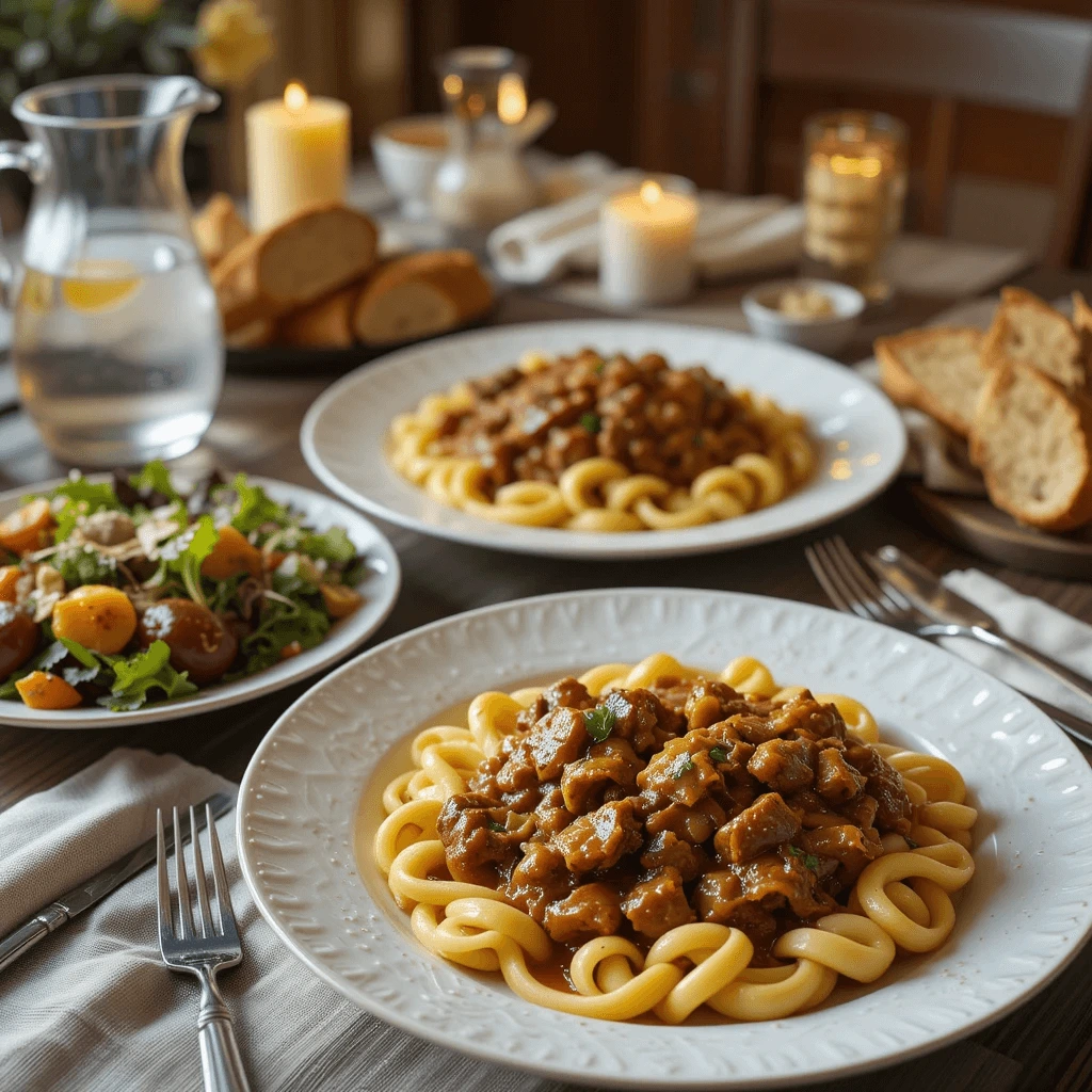 A cozy dinner table setup with two plates of beef stroganoff served over egg noodles, accompanied by a side salad and crusty bread.