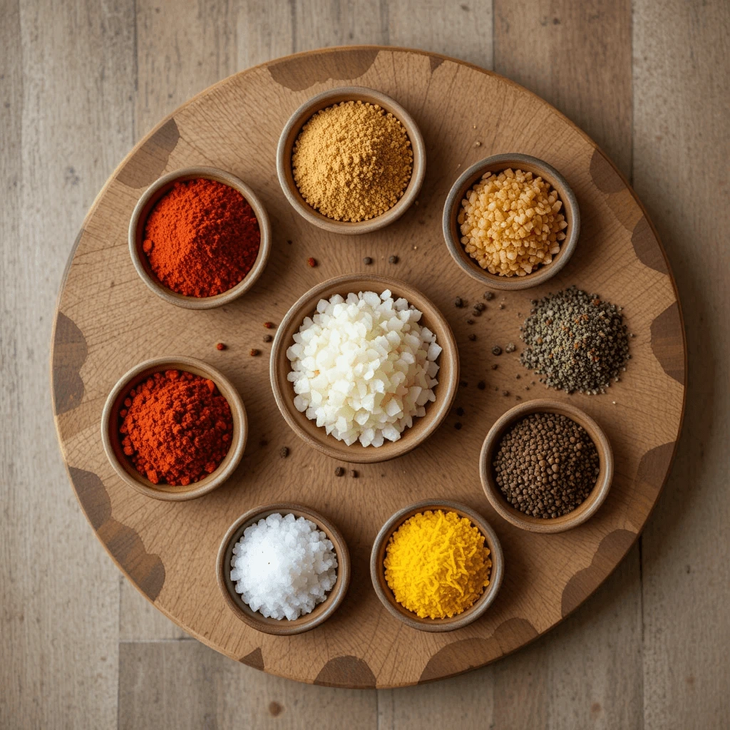 A rustic-style top-down photo showing spices include deep red paprika, golden garlic powder, pale onion powder, bright red cayenne pepper, greenish oregano and thyme, dark black pepper, coarse sea salt, and freshly grated lemon zest.