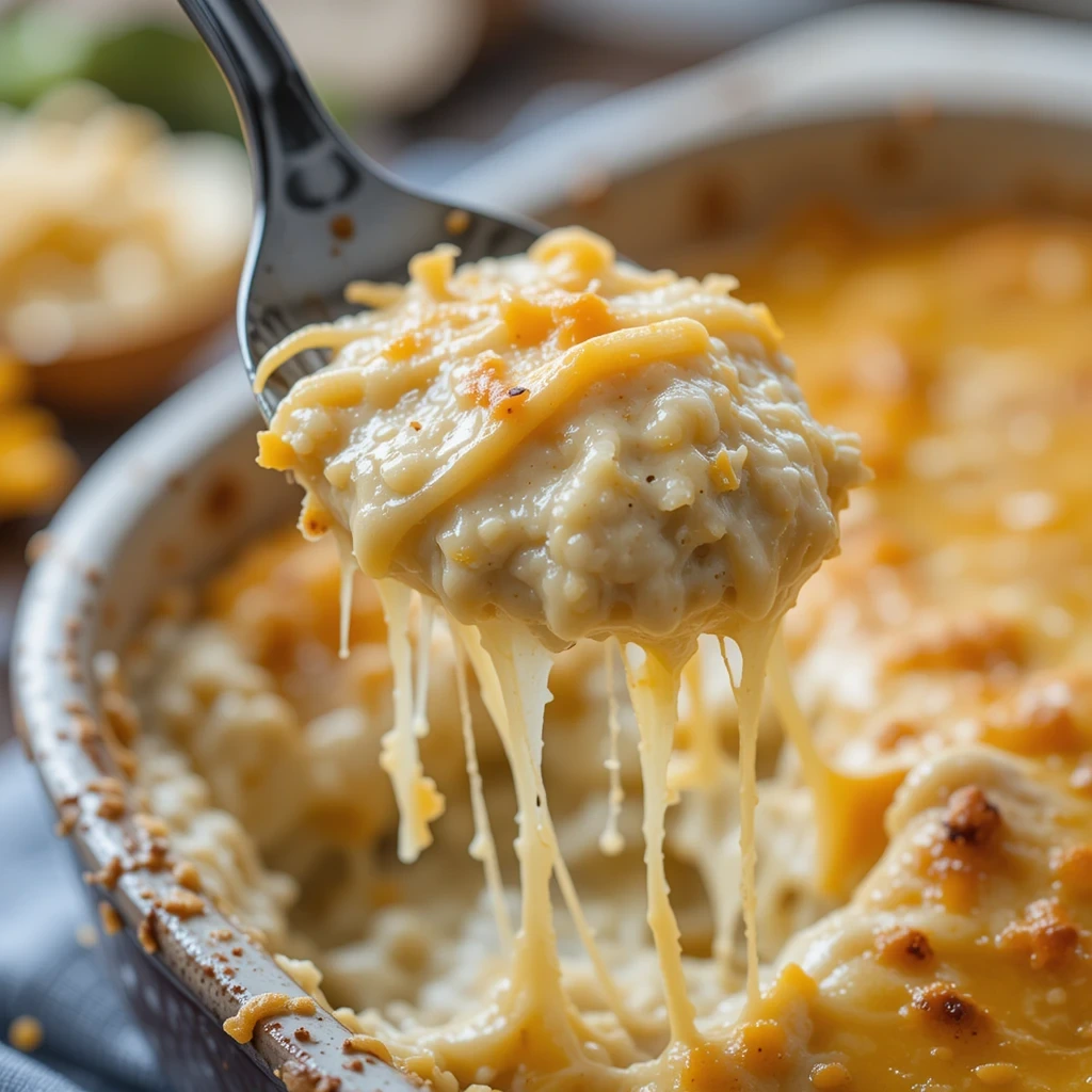 Close-up shot of a spoon scooping creamy, cheesy onion dip from a hot baking dish.