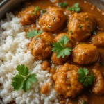 Steaming bowl of boneless chicken gravy garnished with fresh coriander, served with fluffy basmati rice.