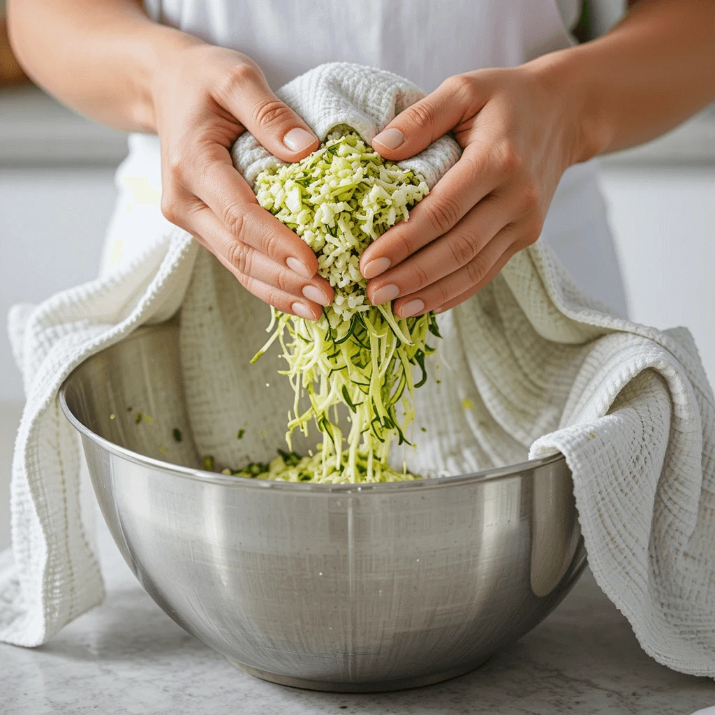 Action shot of grated zucchini being gently squeezed in a clean white kitchen towel over a large glass mixing bowl.
