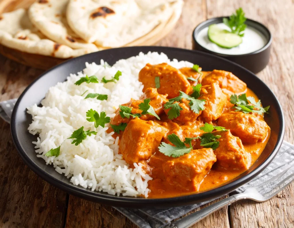 A plated butter chicken served with fluffy basmati rice and warm naan bread on the side, with a garnish of fresh cilantro and a small bowl of cooling cucumber raita next to it.