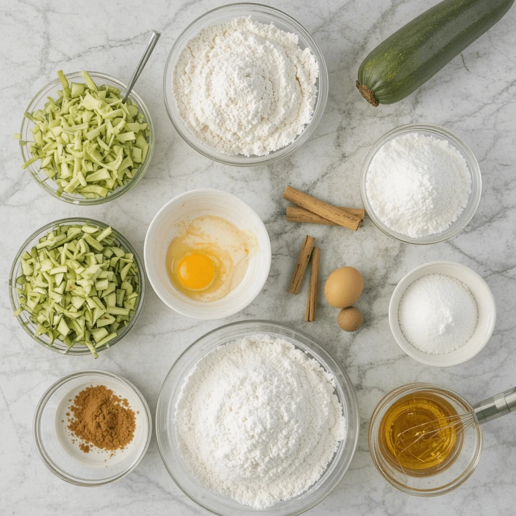 All the ingredients laid out neatly grated zucchini, flour, eggs, sugar, vegetable oil, cinnamon, walnuts, and vanilla extract, on a clean kitchen counter.