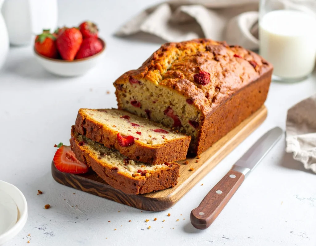 Freshly baked strawberry banana bread sliced on a wooden cutting board with strawberries on the side.