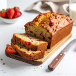 Freshly baked strawberry banana bread sliced on a wooden cutting board with strawberries on the side.