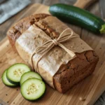 Freshly baked zucchini bread loaf wrapped in brown parchment paper and tied with rustic twine, placed on wooden cutting board with fresh zucchini slices.