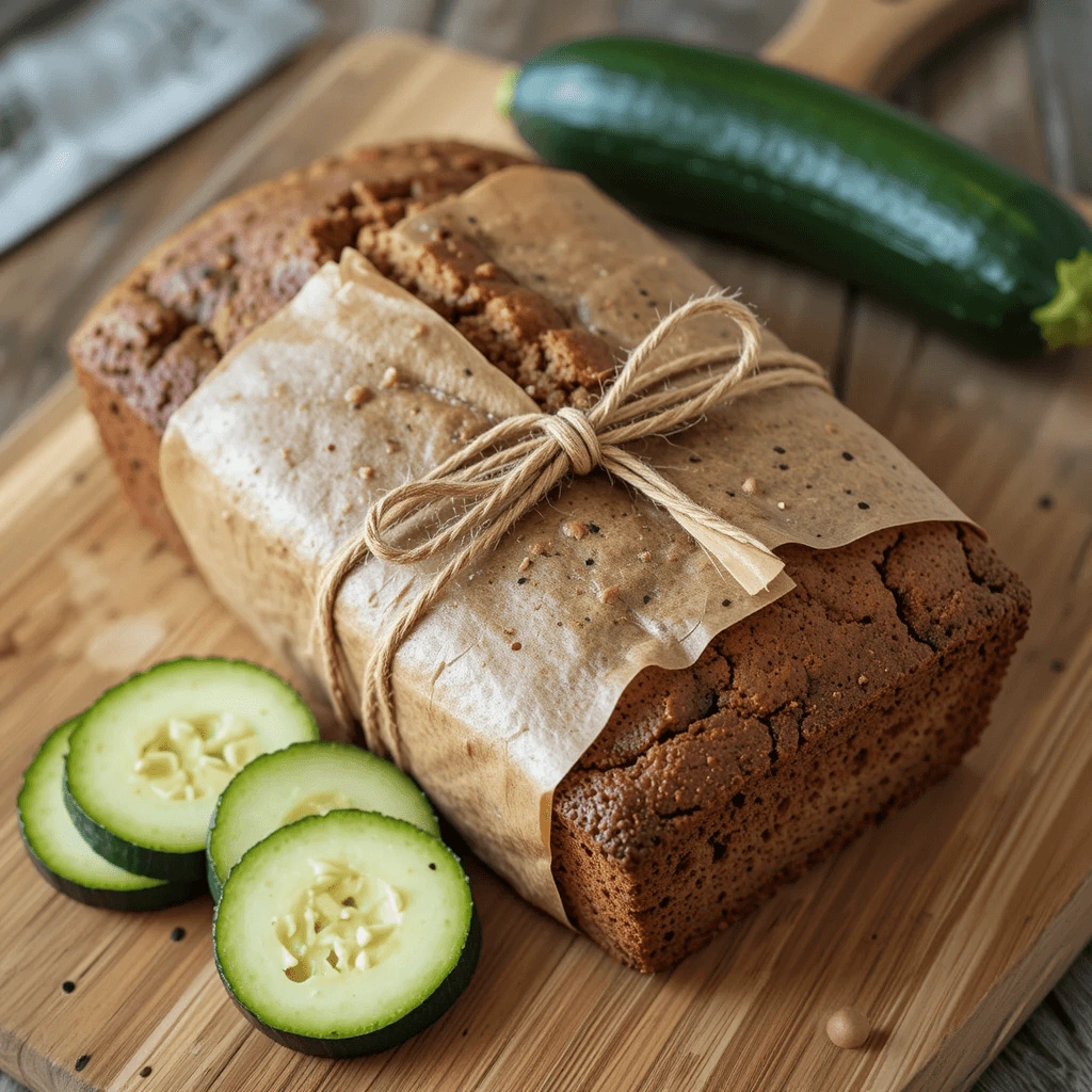 Freshly baked zucchini bread loaf wrapped in brown parchment paper and tied with rustic twine, placed on wooden cutting board with fresh zucchini slices.