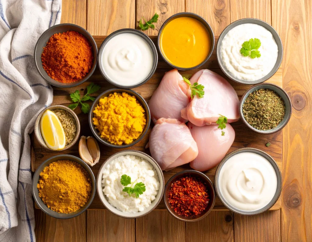 A neatly arranged display of all the key ingredients for butter chicken — chicken pieces, yogurt, spices like garam masala and turmeric, garlic, ginger, tomato puree, cream, and fresh herbs — on a rustic kitchen countertop.