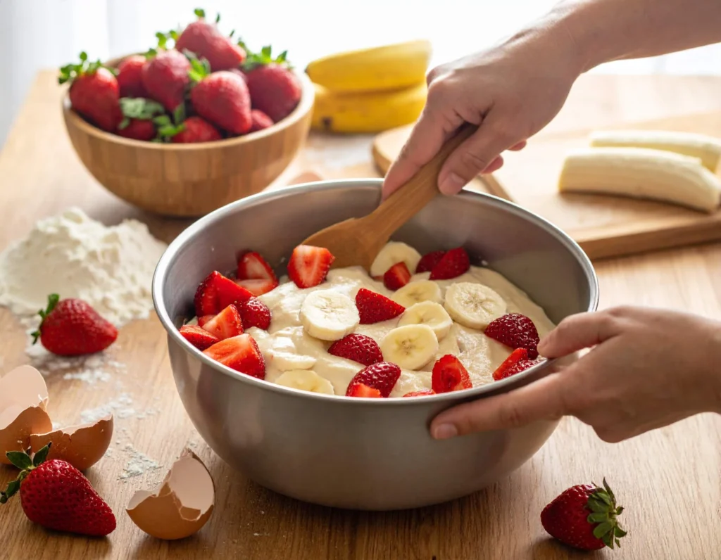 A close-up of a hand using a wooden spoon or silicone spatula to mix strawberry banana bread batter in a single large bowl.