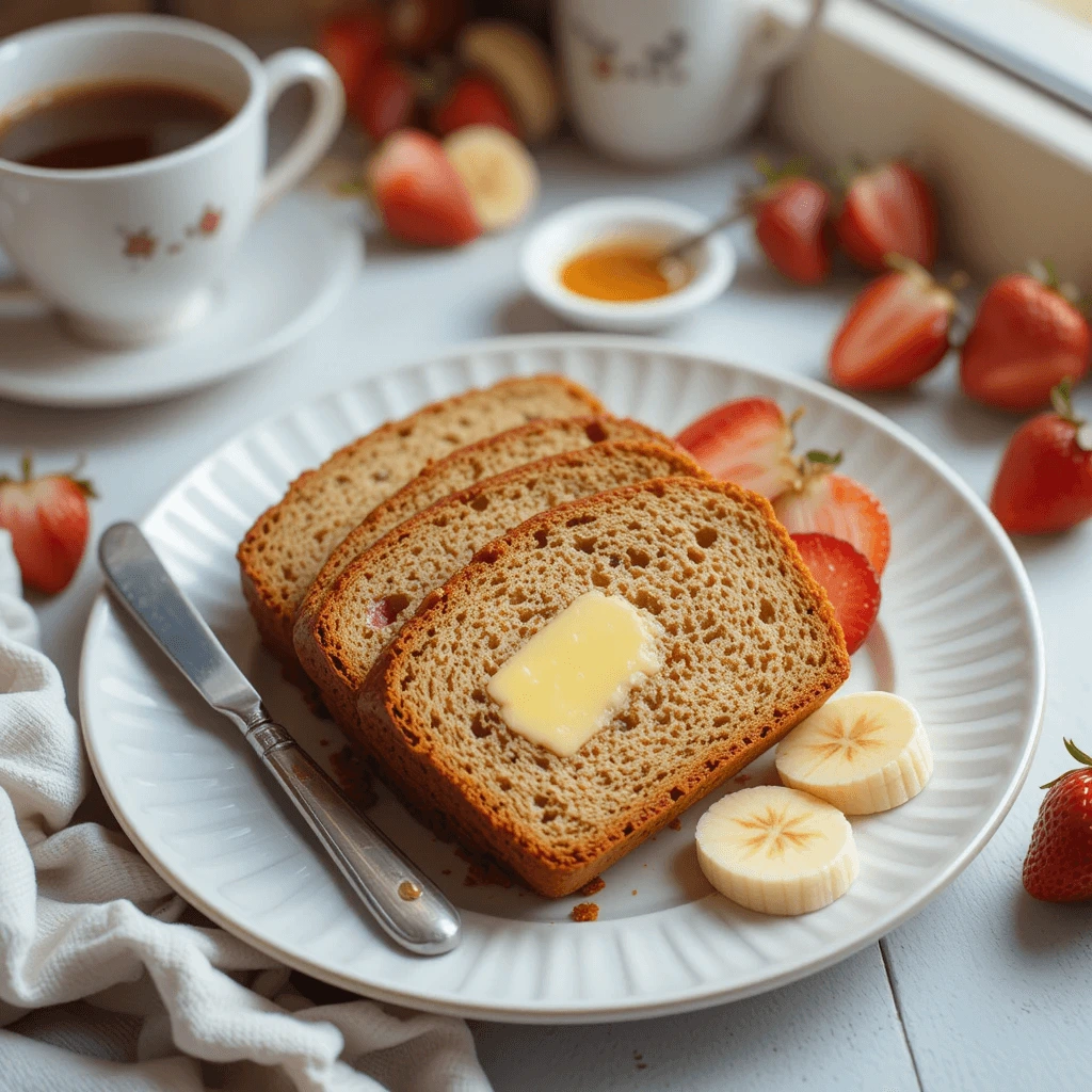Slices of strawberry banana bread arranged neatly on a ceramic plate, slightly overlapping. A pat of butter melting on one warm slice, with a butter knife resting nearby. Surround the plate with halved strawberries, banana slices.