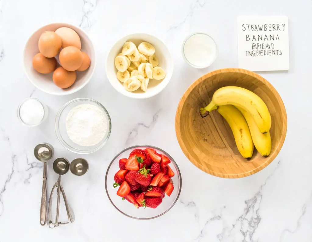 Neatly arranged flat lay of all ingredients used in the recipe: ripe bananas (partially mashed), freshly chopped strawberries, a small bowl of flour, baking soda, eggs, sugar, vanilla extract, Greek yogurt, and oil.