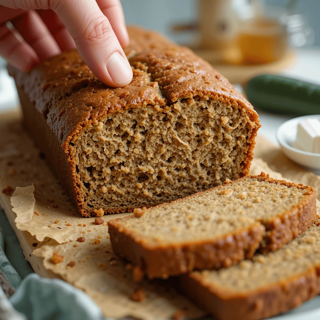A close-up shot of a warm zucchini bread loaf with a hand gently pulling away a slice, showing the moist, dense crumb inside.