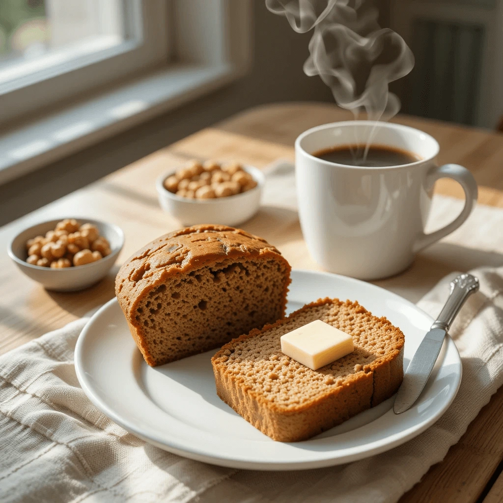 A warm, inviting breakfast scene with a slice of zucchini bread on a simple white ceramic plate, topped with a pat of melting butter.
